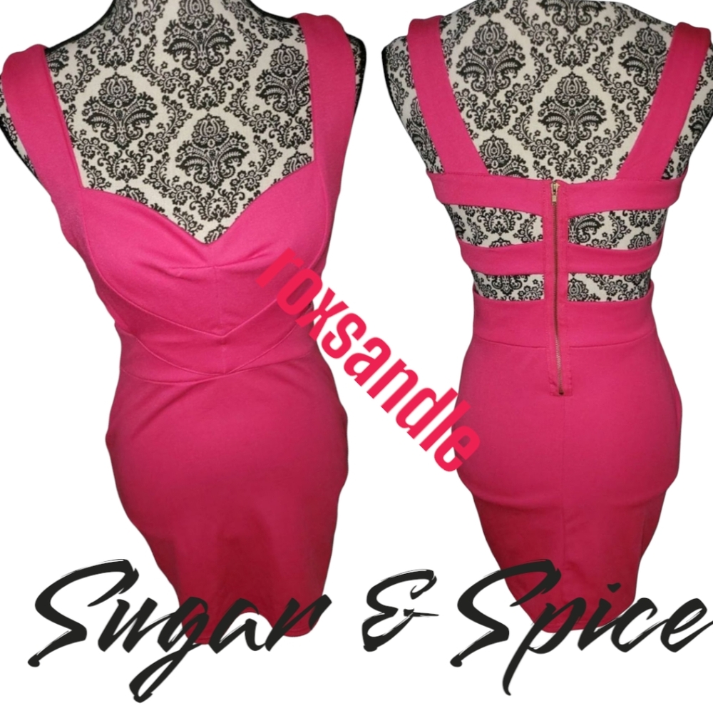 NWOT Sugar & Spice Hot Pink Cut Out Bodycon Dress Sweetheart Neckline - Large